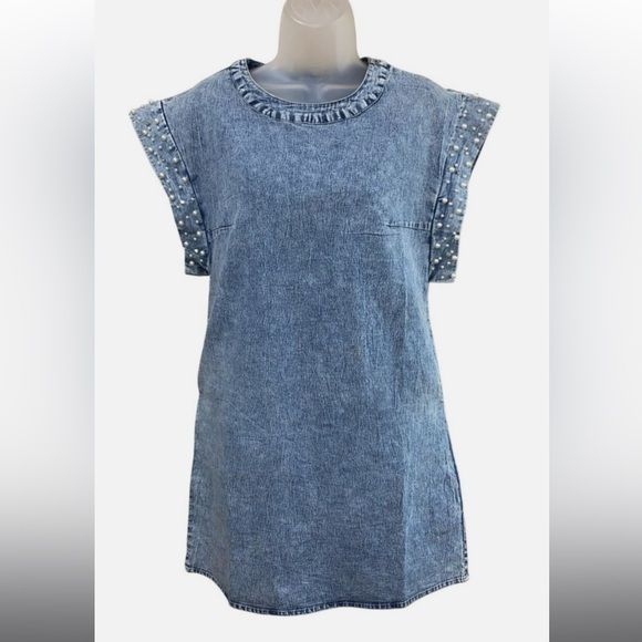 LALA Factory Blue Denim Dress with Pearl Accents - Picture 1 of 5